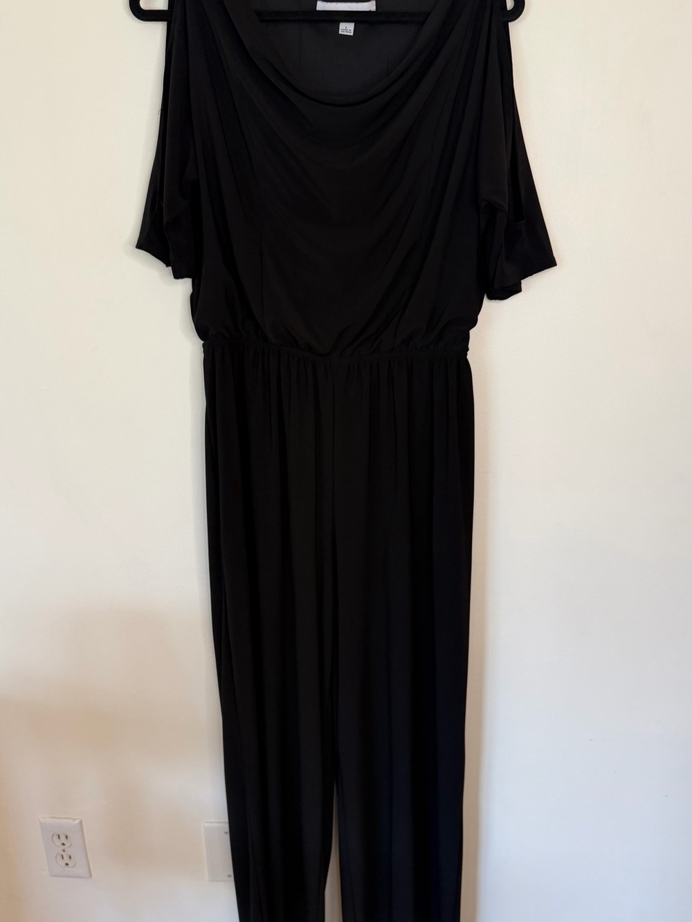 Emma & Michele Black Draped-Neck Jumpsuit wide leg size large cut out sleeve